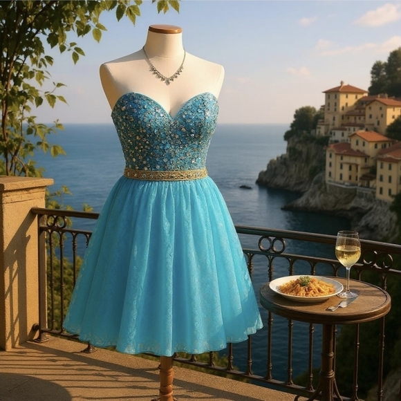 Sherri Hill Teal Sequin Strapless Party Dress ✦ Crystal Belt ✦ Lace Overlay Sz 4 - Picture 1 of 15